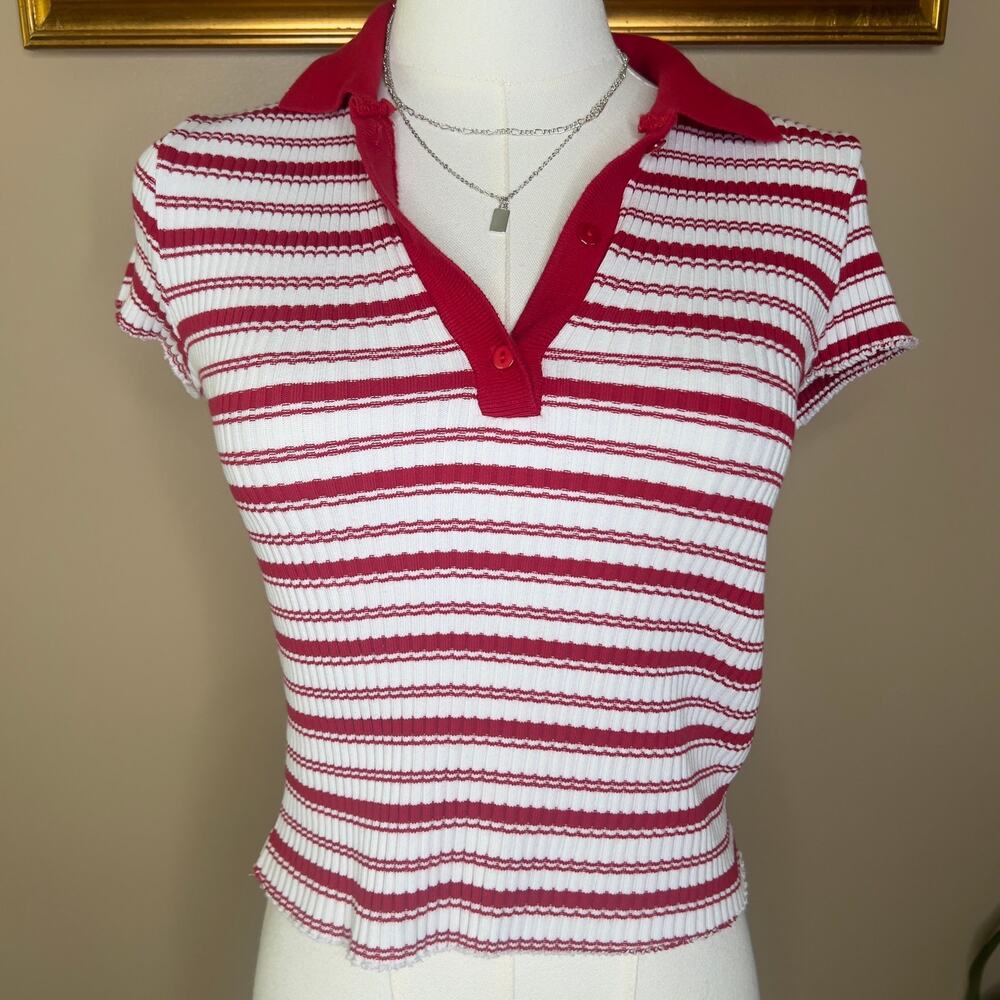 Zara Red White Striped Ribbed Polo Top Fitted Y2K Size Medium